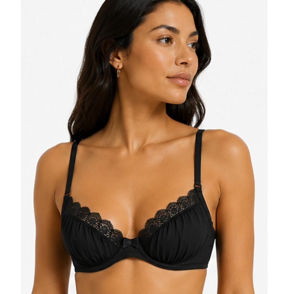 SKIMS Fits Everybody Lace Unlined Demi Bra Onyx Black 32C NWT - Picture 2 of 6